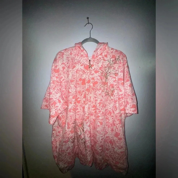 Quacker Factory women’s Starfish Hooded Zip Beach Lounge short sleeve‎ Jacket XL - Picture 1 of 6